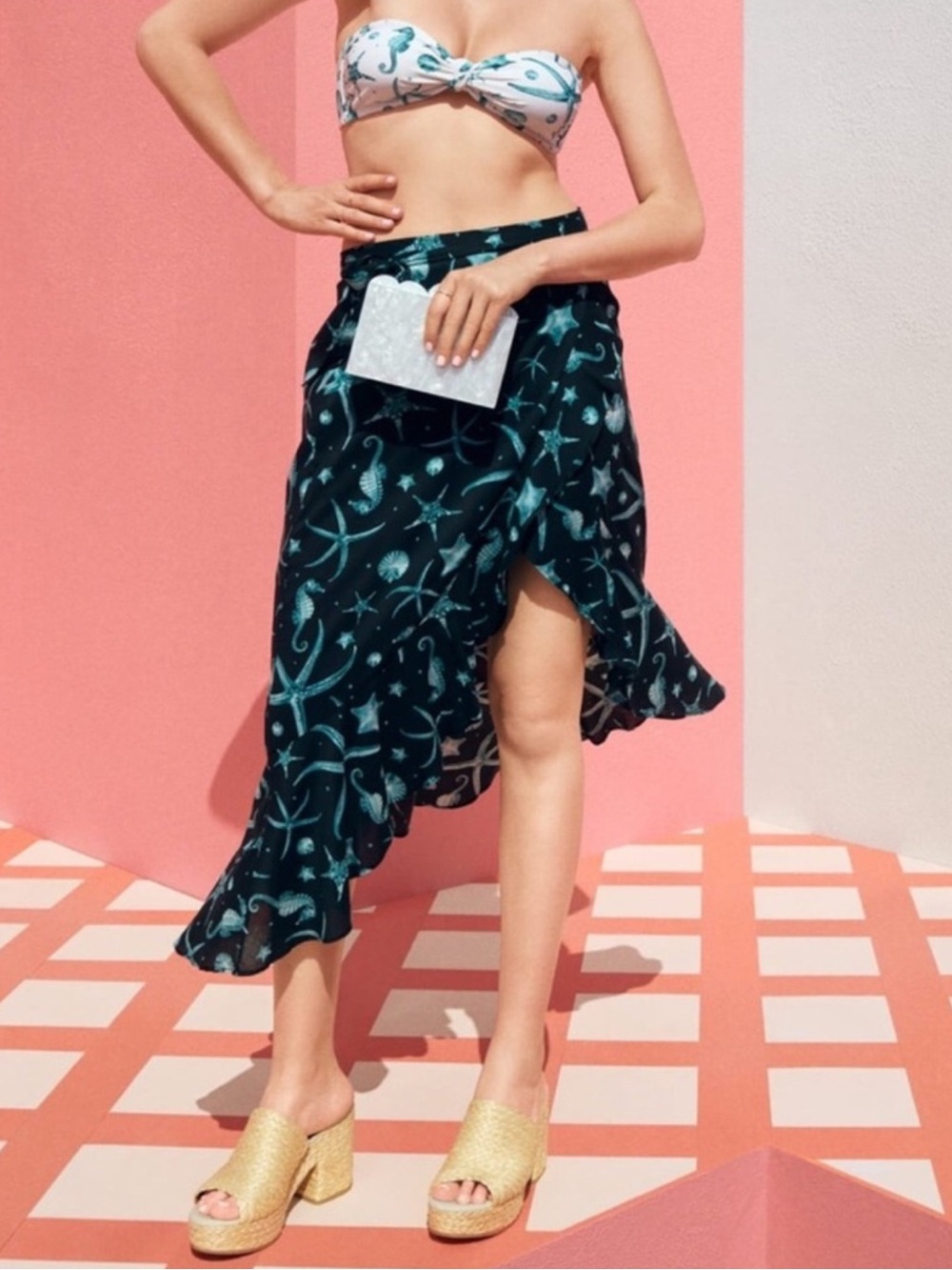 Agua Bendita x Target Deep Sea Print Navy Blue Ruffle Wrap Skirt Sz XL NWT